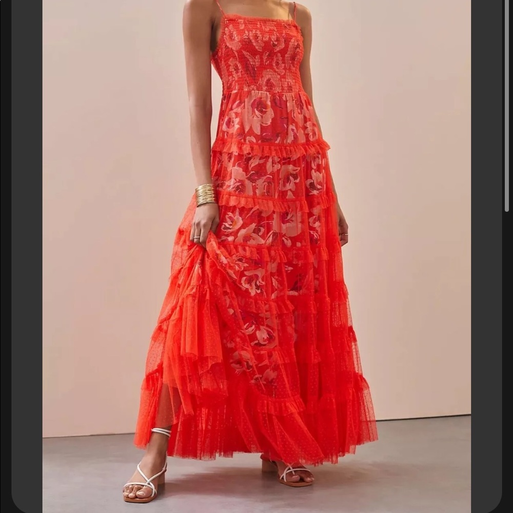 ISO ✨ ANTHROPOLOGIE TIERED TULLE OVERLAY FLORAL PRINT MAXI DRESS RED, SMALL